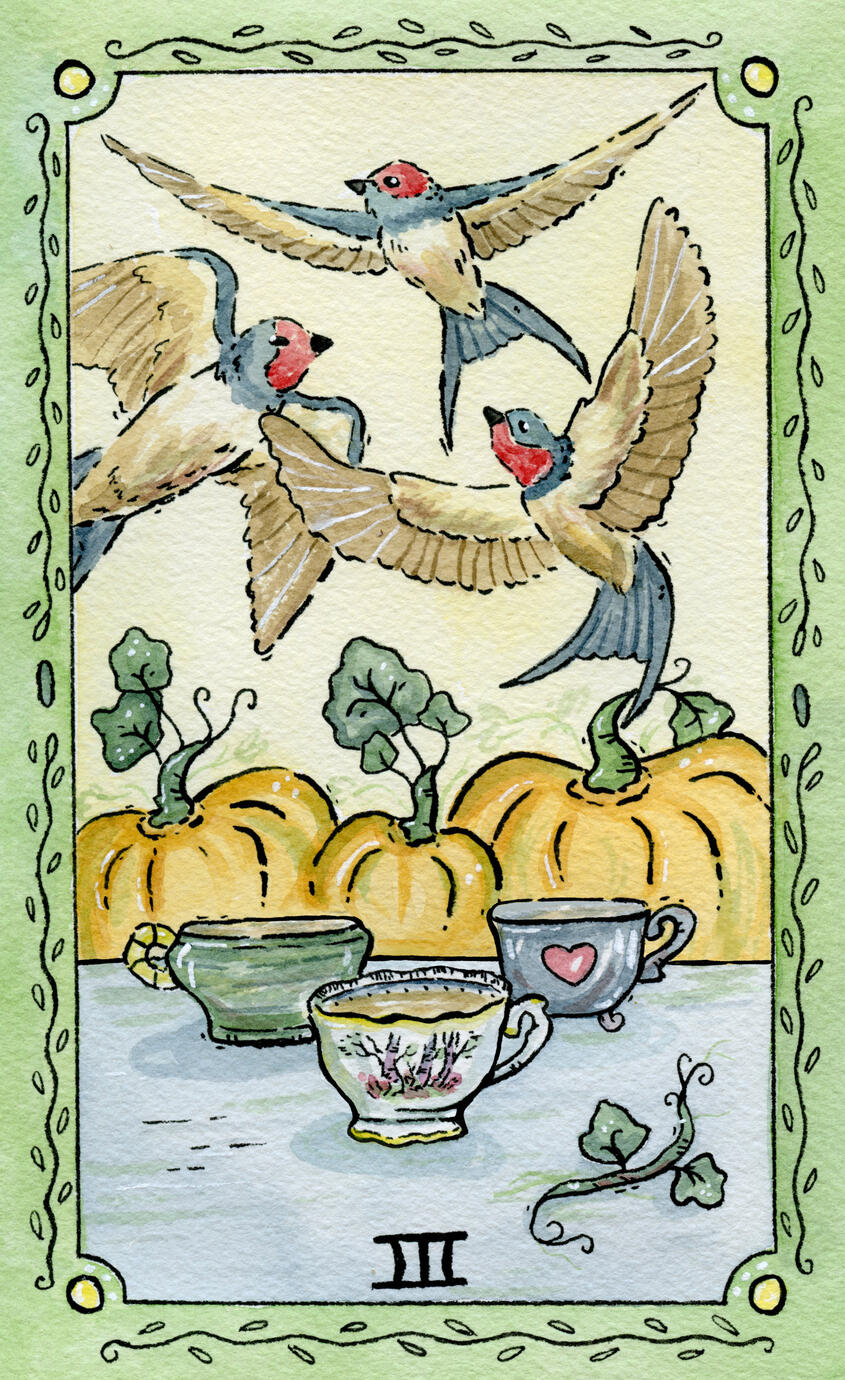 Three of Cups - 2024 - Ink and Watercolour - 4.5 x 7.25"